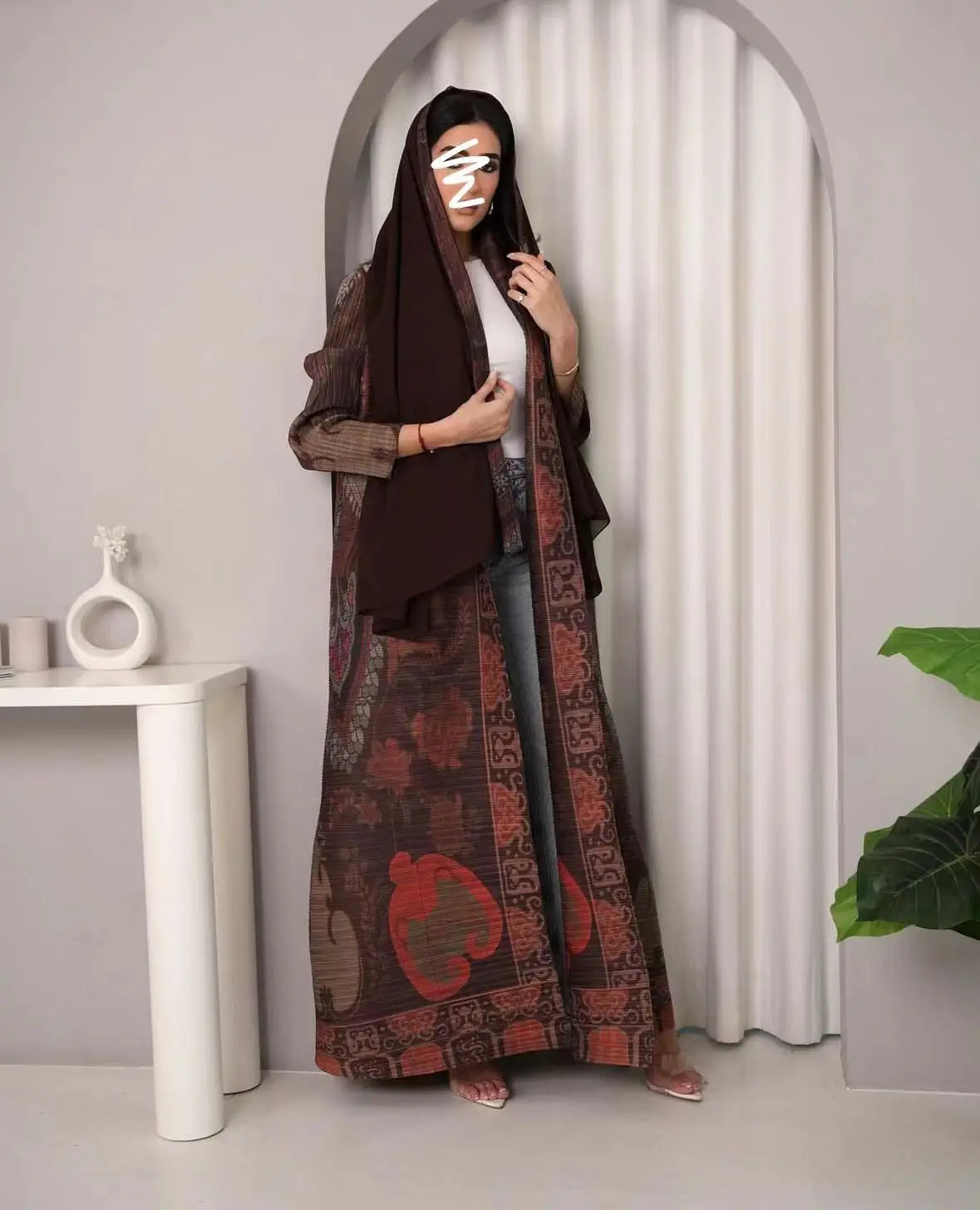 Elariah Retro Printed Pleated Abaya Coat – Belted Chiffon Maxi Modest Windbreaker Jacket for Women (One Size)