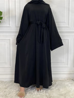 Elegant Modest Maxi Dress with Waist Tie – Long Sleeve Woven Abaya Style Dress for Women (All Season)
