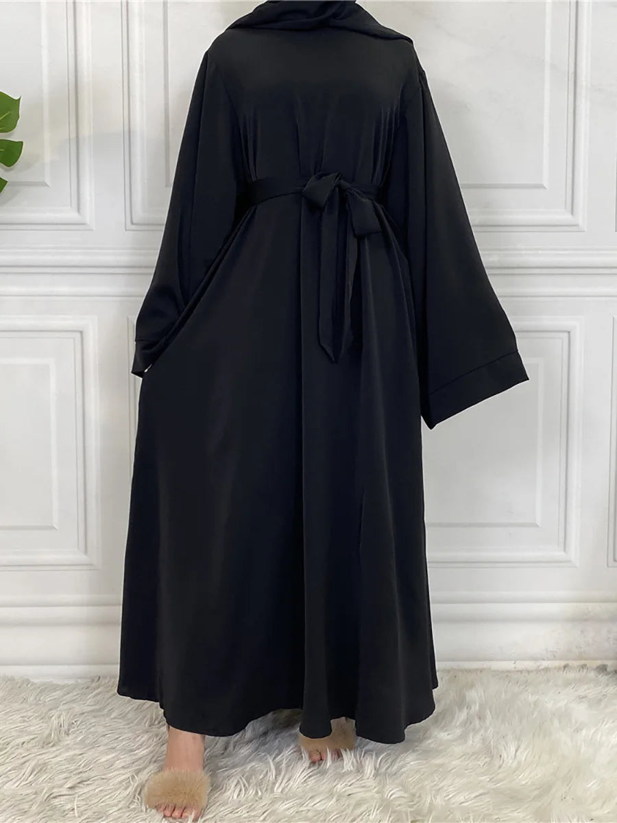 Elegant Modest Maxi Dress with Waist Tie – Long Sleeve Woven Abaya Style Dress for Women (All Season)