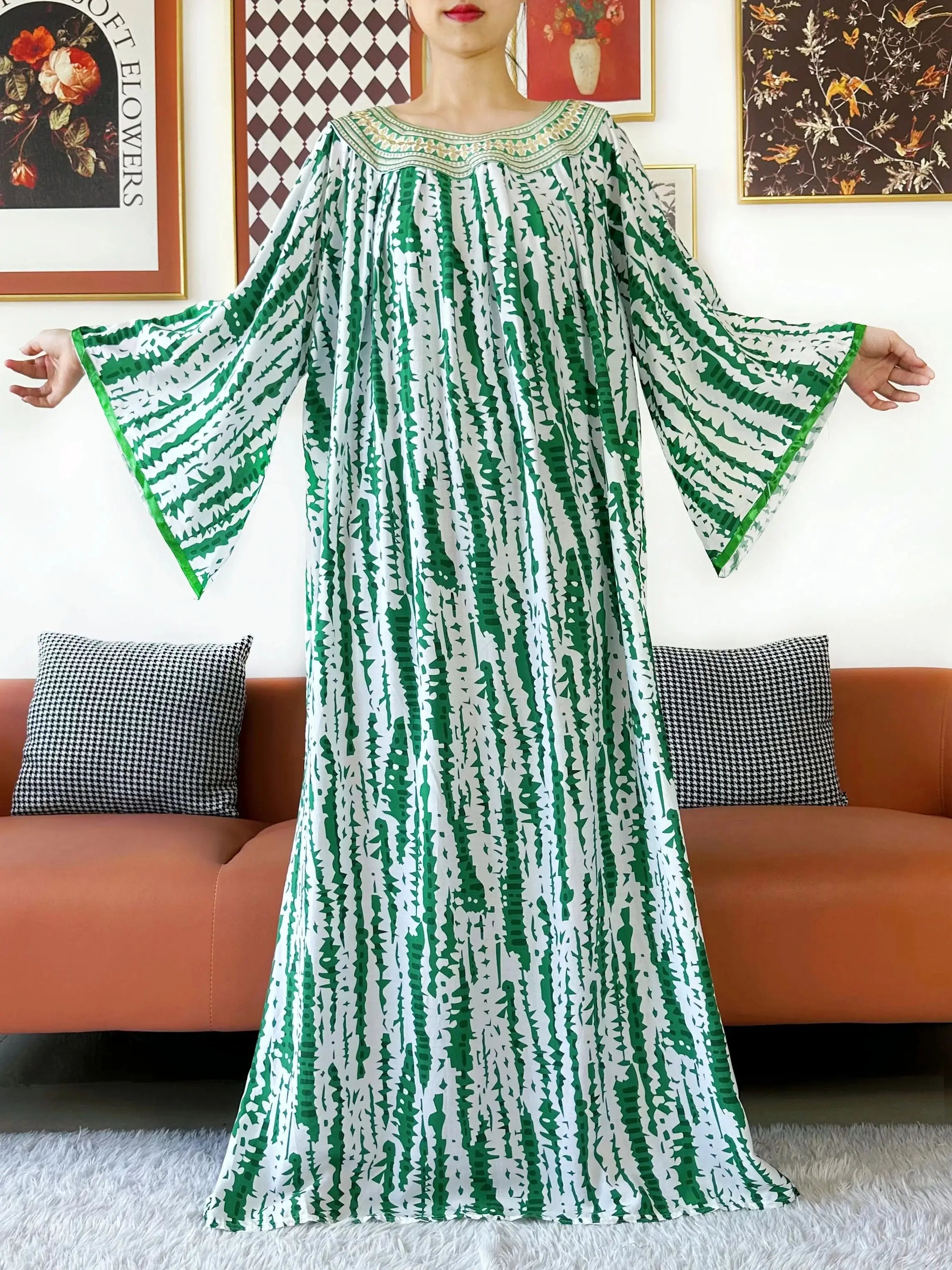 Embroidered Cotton Abaya Dress – Loose Boho Maxi Kaftan with Tassel Detail (One Size, 6 Colours)
