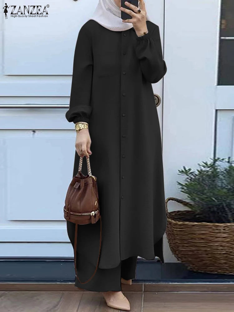 Elariah Modest Co-Ord Abaya Set – Long Sleeve Button Shirt & Wide-Leg Trousers | Casual Islamic Outfit for Women
