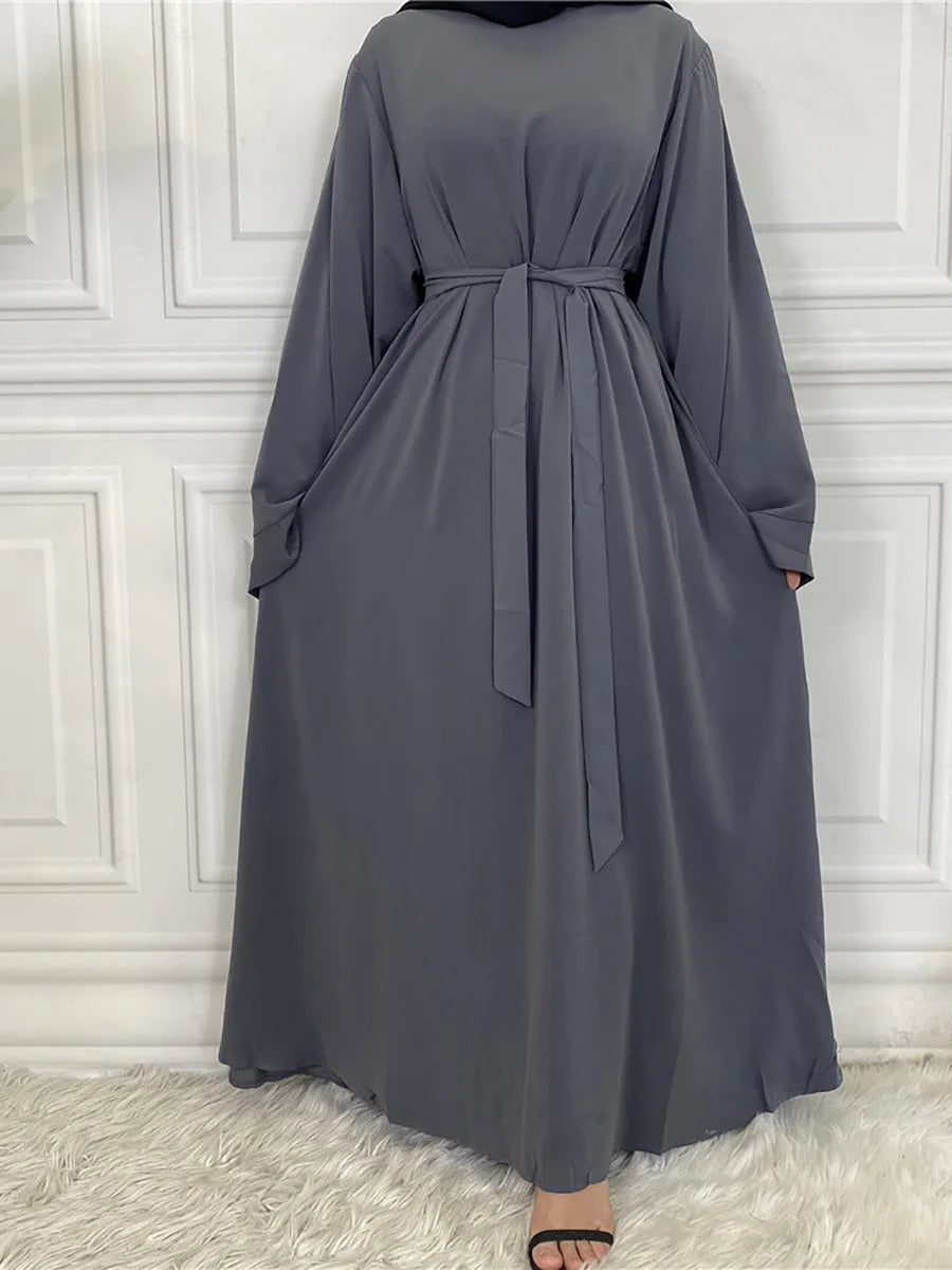 Elegant Modest Maxi Dress with Waist Tie – Long Sleeve Woven Abaya Style Dress for Women (All Season)