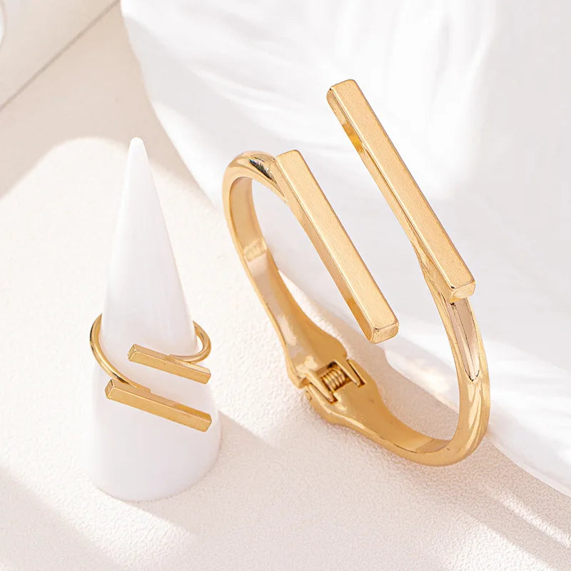 Geometric Open Bracelet & Ring Set for Women – Minimalist Stainless Steel Cuff Bangle and Adjustable Ring Jewelry Set