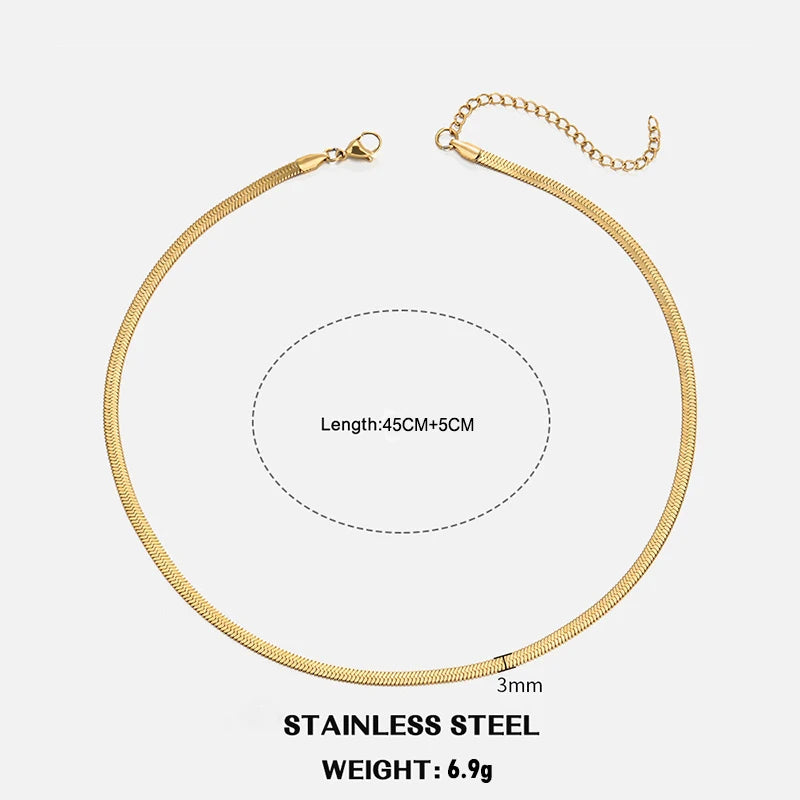 Classic Flat Snake Chain Choker Necklace – Stainless Steel Herringbone Design in Gold & Silver