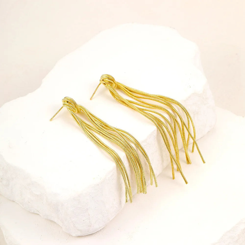Gold Bling Tassel Statement Earrings – Elegant Long Drop Design for Women