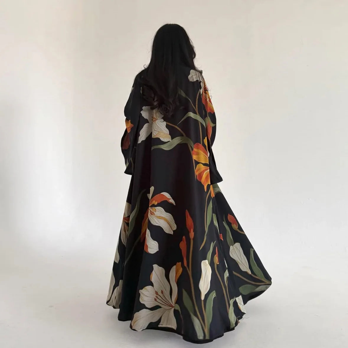Elariah Women's Floral Print Open Front Abaya with Matching Hijab Scarf – Modest Maxi Cardigan Kaftan, Black Polyester