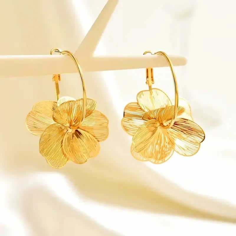 Golden Double-Layer Hollow Flower Hoop Earrings – Vintage Ethnic Drop Design for Women