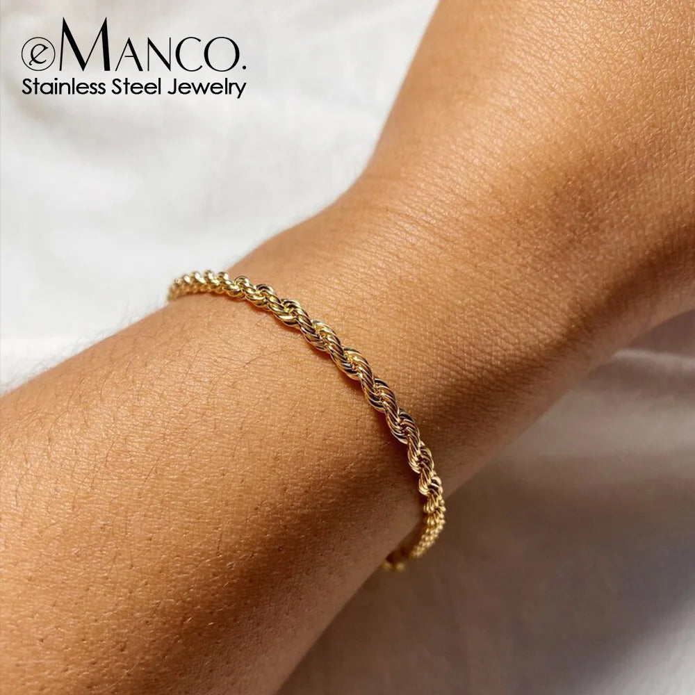 Twisted Rope Chain Bracelet for Women – Stainless Steel Gold or Silver Minimalist Bracelet (2mm / 3mm / 4mm / 5mm)