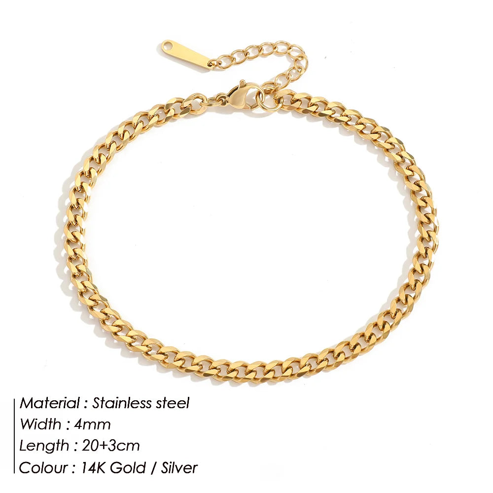 Minimalist Stainless Steel Cuban Chain Anklet for Women – Delicate 4mm Gold or Silver Adjustable Beach Anklet