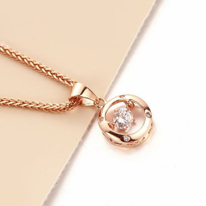 14K Rose Gold Round Crystal Pendant Necklace – Classic Zircon Clavicle Chain for Women