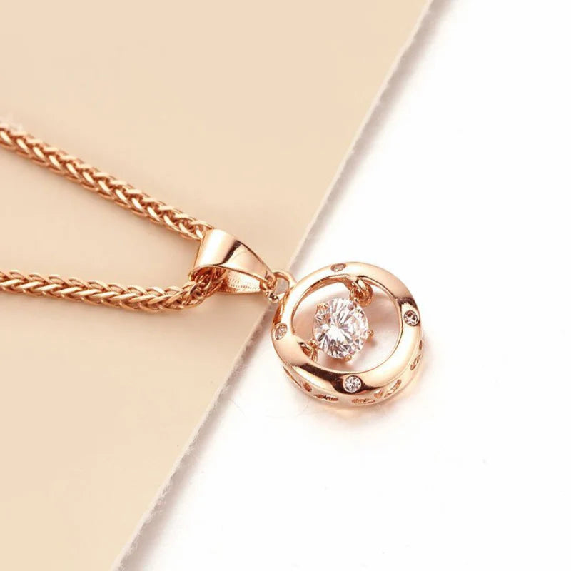 14K Rose Gold Round Crystal Pendant Necklace – Classic Zircon Clavicle Chain for Women
