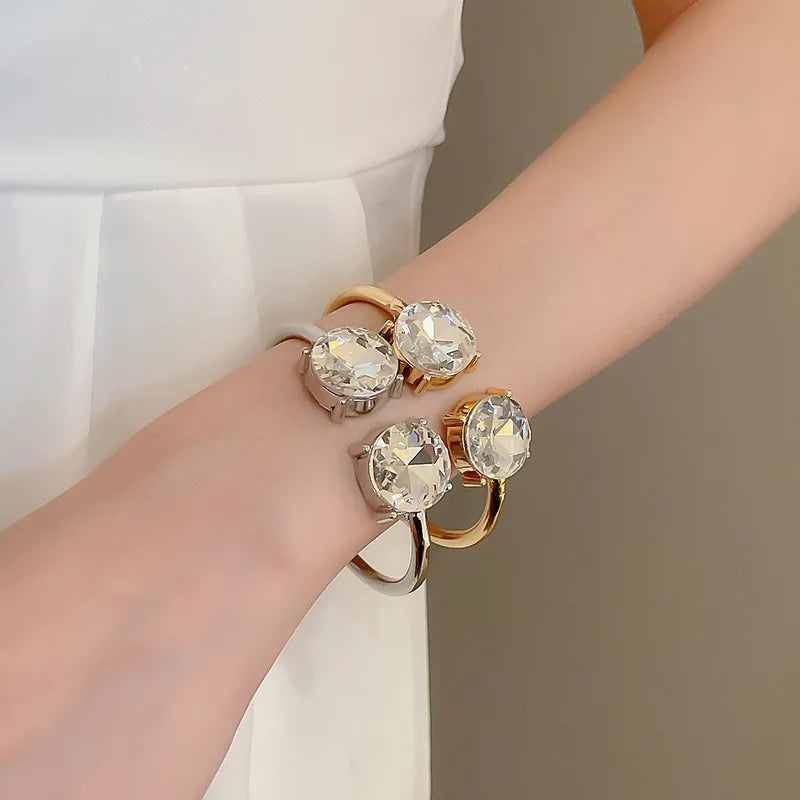Gold Plated Zircon Round Open Cuff Bracelet for Women – Statement Rhinestone Bangle, Adjustable Party & Wedding Jewelry