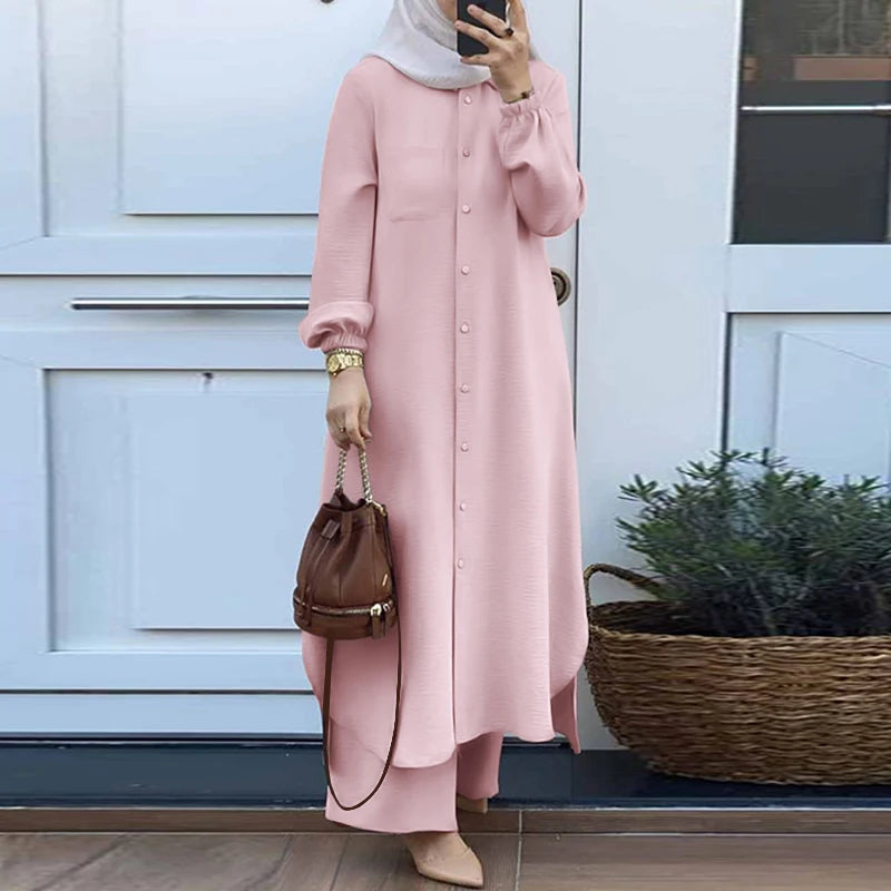Elariah Modest Co-Ord Abaya Set – Long Sleeve Button Shirt & Wide-Leg Trousers | Casual Islamic Outfit for Women