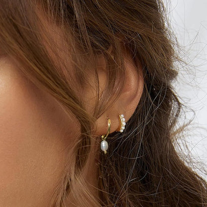 2-Pair Set Vintage Pearl Dangle Hoop Earrings – 18K Gold Plated Stainless Steel Hoops for Women